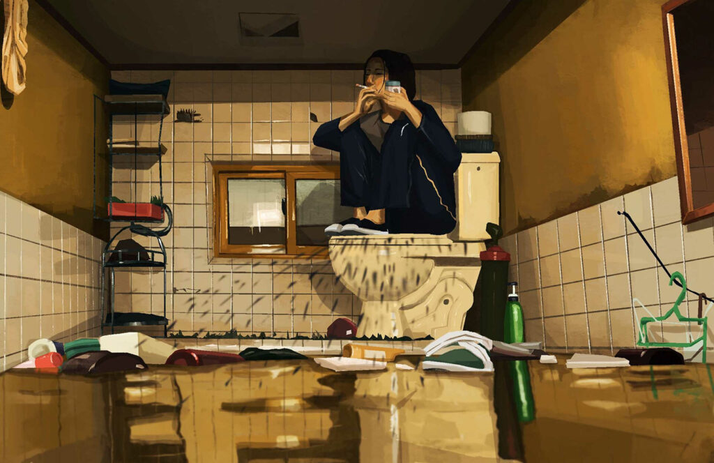 パラサイト 半地下の家族(2019年)キム・ギジョンがトイレに座っているシーン